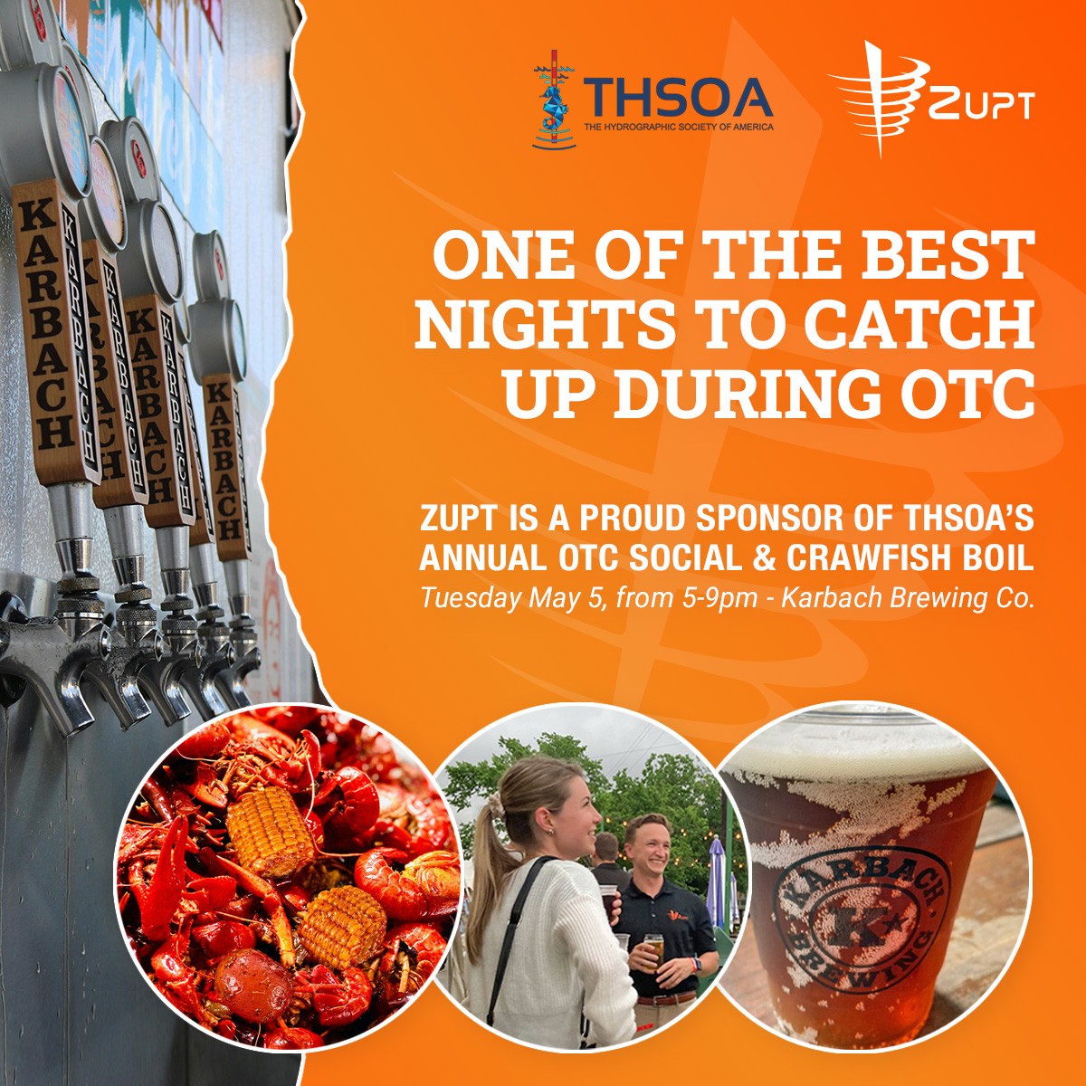 THSOA 2026 Houston OTC Social and Crawfish Boil at Karbach Brewing Co., May 5, 2026; offshore energy professionals gathering to connect in a relaxed setting with food and drinks.
